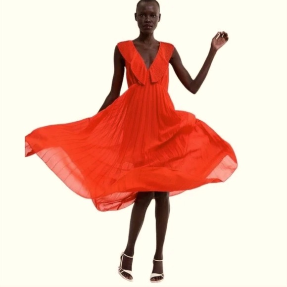 EUC ZARA Pleated Orangey Red MIDI Dress Sz.M - Picture 1 of 7